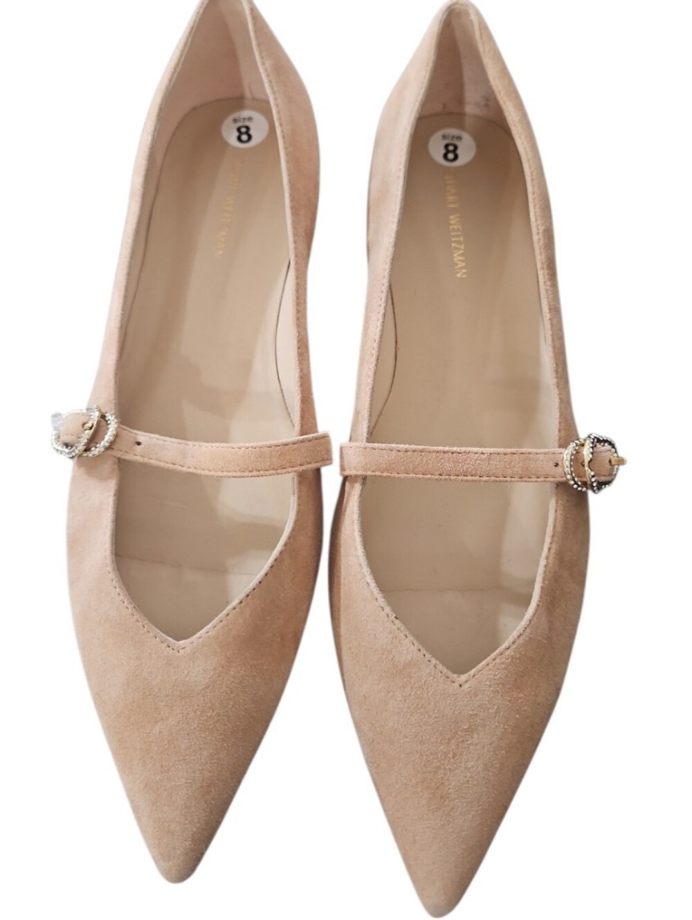 Stuart Weitzman Adobe Suede Crystal Mary Jane Pointed Toe Flats 8 - Picture 4 of 11